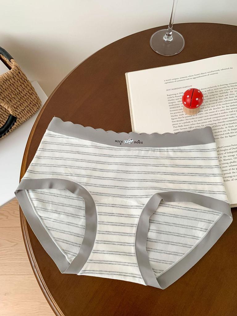 A053 Женские мягкие серые и белые полосатые трусы-треугольники - Гипоаллергенные, облегающие бедра, из чистого хлопка, антибактериальные. Стиль для подростков, Коллекция 2025.