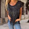 Women T-shirt Round Neck Short Sleeve Tee Shirt with Hot Rhinestones Printing Tassel Hem Solid Color Pullover Tops