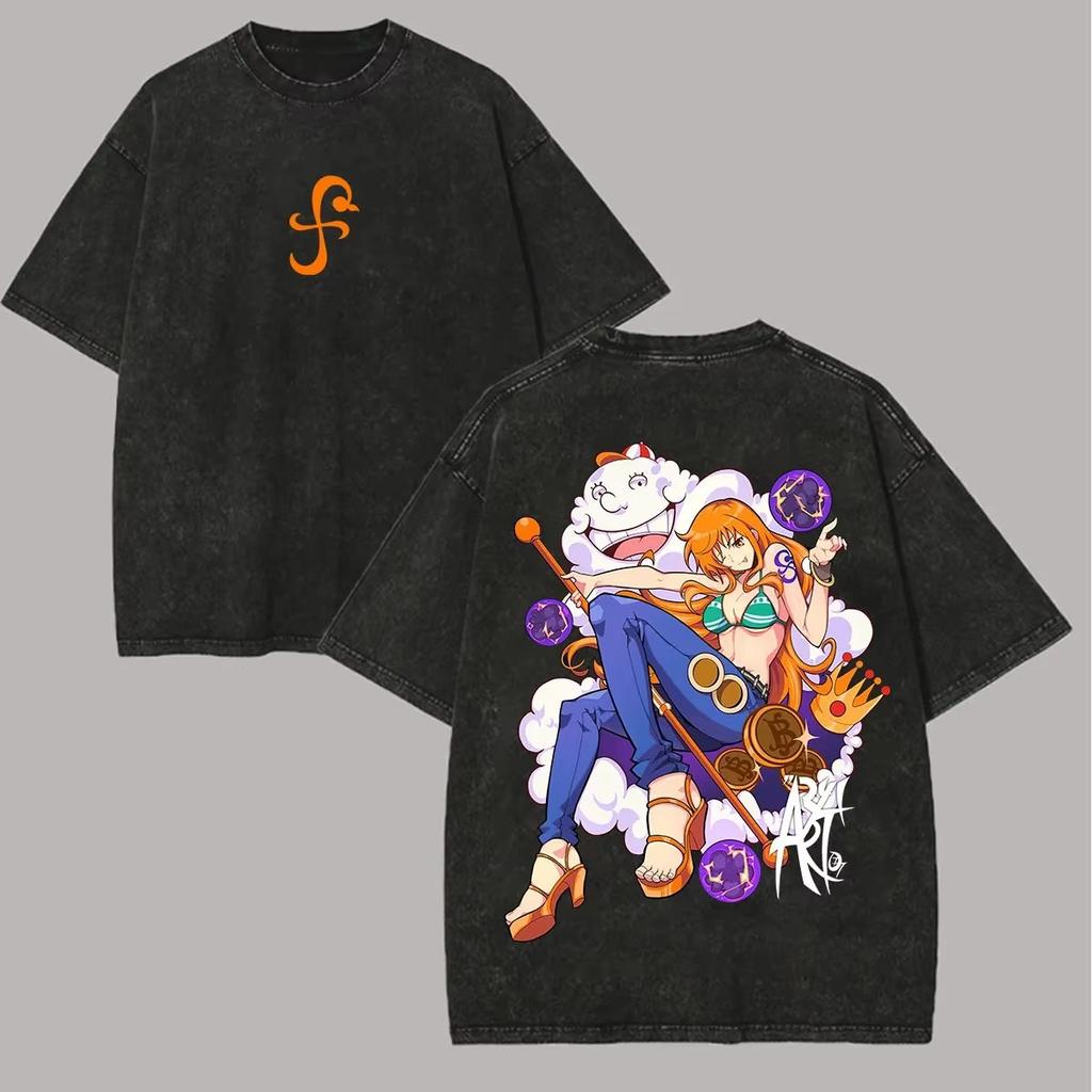 One Piece Graphic T Shirt Men Women Vintage Washed Short Sleeve Tee Summer Yk Anime Print Cotton Streetwear Casual Tops
