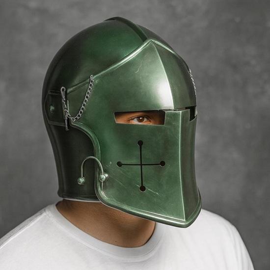 Средневековый Шлем Рыцаря Барбута Зеленый 18г Стальная Броня LARP Косплей Шлем Воина с Забралом Костюм на Хэллоуин Подарок