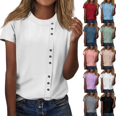 Женская модная повседневная футболка с круглым вырезом и декоративными пуговицами, однотонная футболка с короткими рукавами, топ