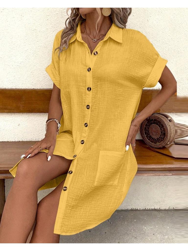 V Collar Solid Color Button Dress High Waist Elegant Shirt Dress for Women Short Sleeve Loose Dresses Causal Dress