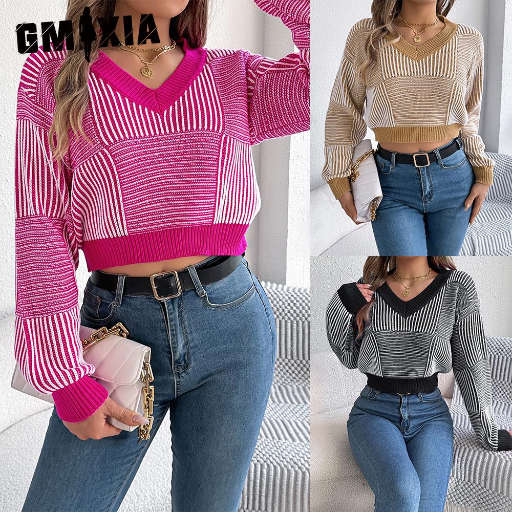 GMXIA Autumn and Winter Casual Striped Lantern Sleeve Pullover Crop Top Women's Sweater