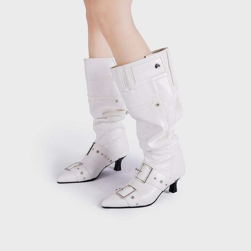 Остроносая металлическая пряжка высокие сапоги на каблуке ретро маленьком каблуке модные сапоги Spice girl длинные сапоги женские