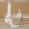 Bow Wedding Shoes Side Empty Single Shoes Women's Spring New Stiletto Wedding Dress Pointed White High Heels Women's Shoes