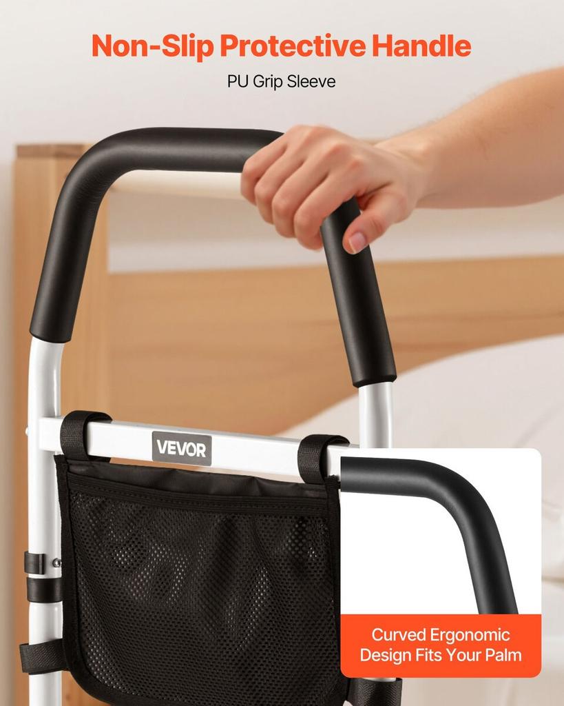 Bed Rail for Elderly, Bedside Assist Rails with PU Handrail, Adjustable Height Pipe Bedside Cane, High-Strength Carbon Steel Bed Bars for Seniors &
