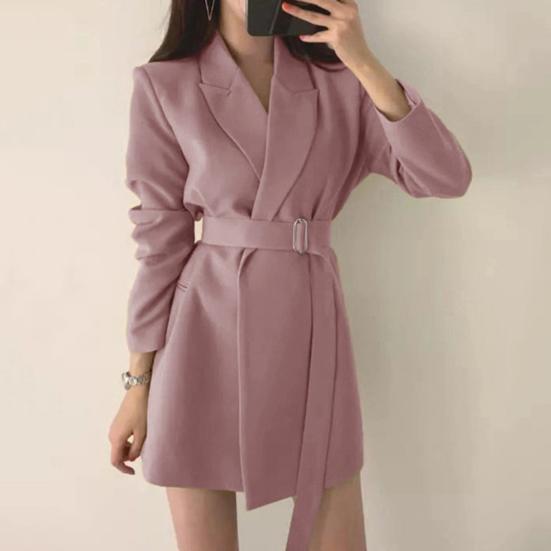 Women Suit Coat Lapel Long Sleeve Belt Suit Jacket with Side Pockets Solid Color Loose Fit Office Lady Outwear