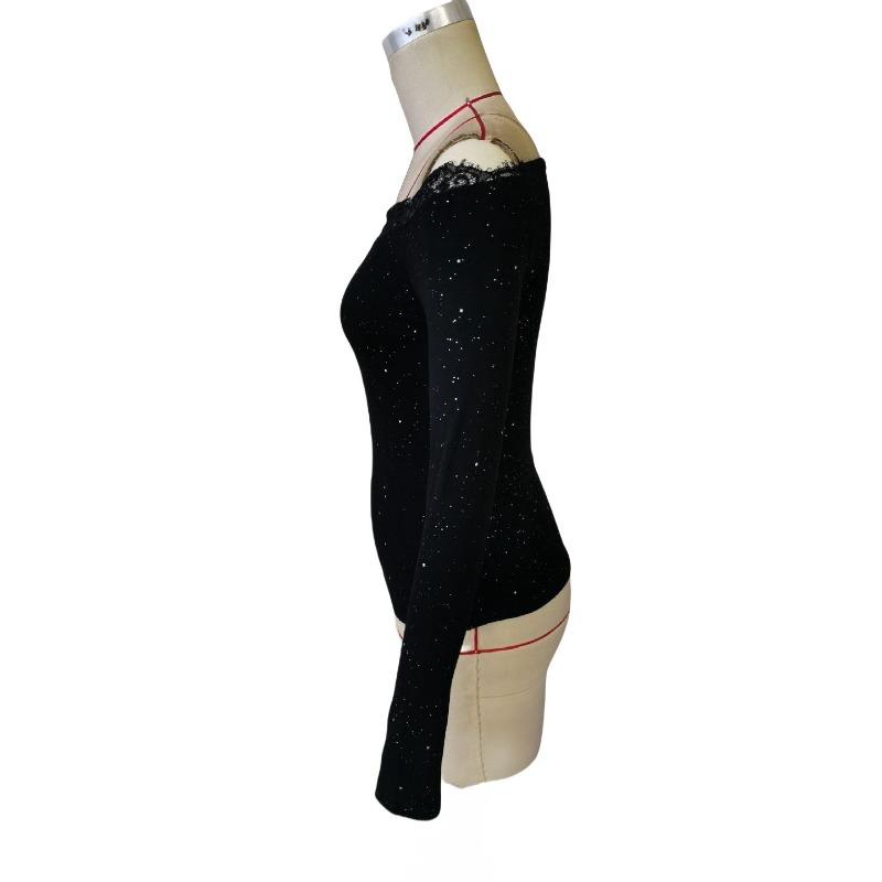 Autumn and Winter Women's Elegant Lace Splicing One Neck Strapless Long Sleeve T-Shirt