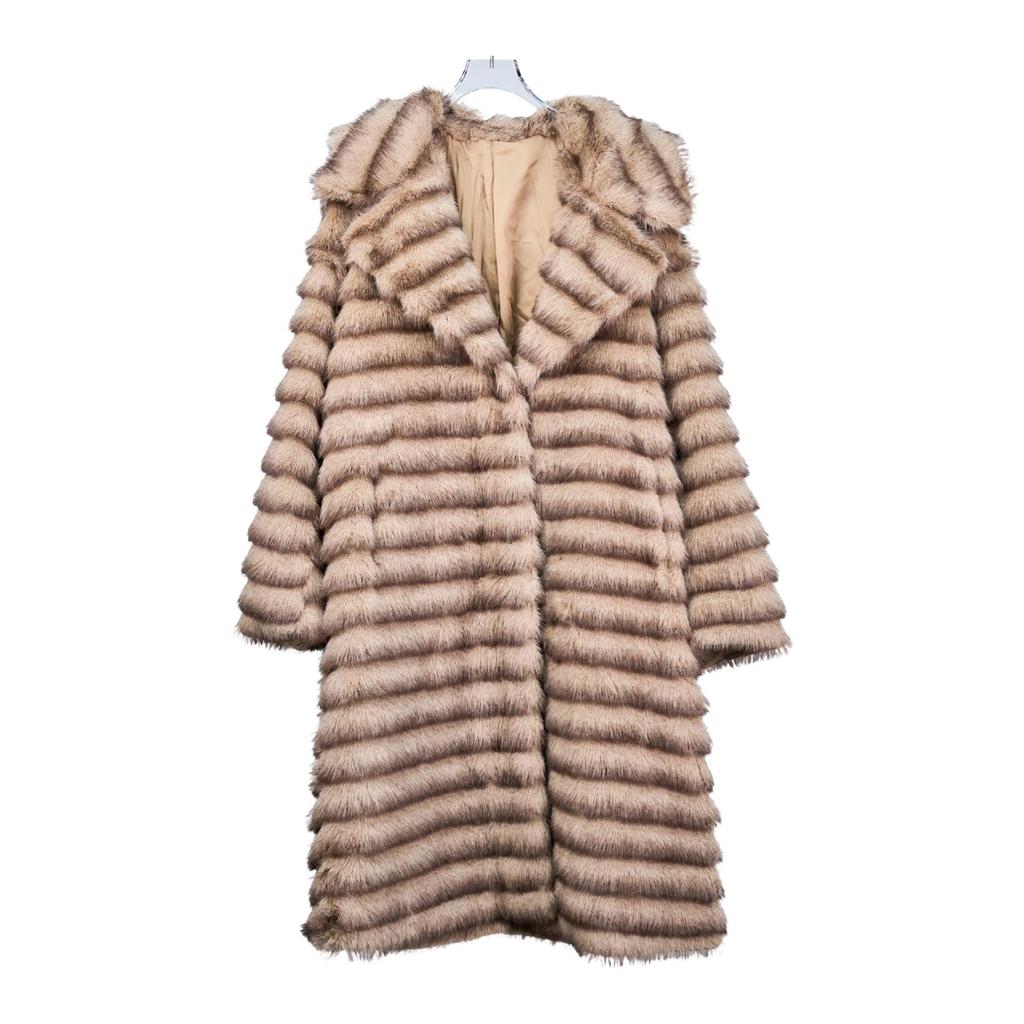 Women's Long Striped Faux Fur Coat with Turn-Down Collar - Mink Chinchilla Style Outerwear