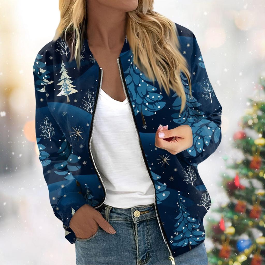 Женская легкая короткая куртка с длинными рукавами на молнии с принтом, повседневная стеганая куртка с карманами, рождественская