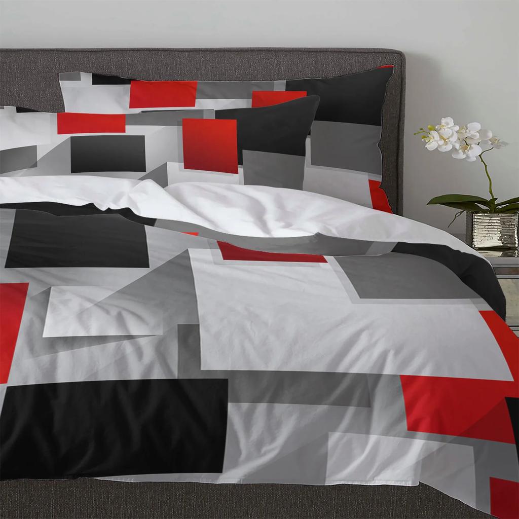 Geometric Red Black Gray Solid Abstract 3pcs Bedding Set For Double Bed Home Textile Duvet Cover Quilt Cover Pillowcase