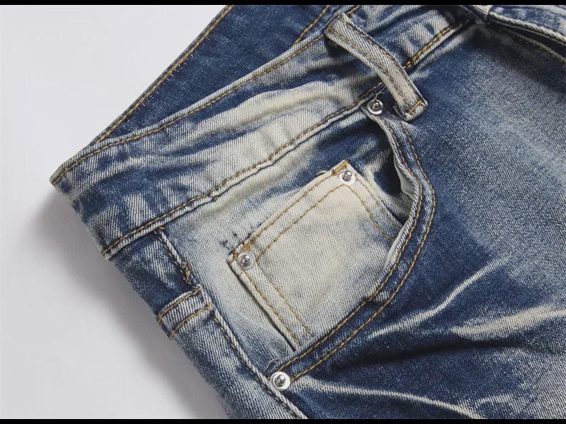 Мужские ретро-узкие синие джинсы с вышивкой в виде дырок