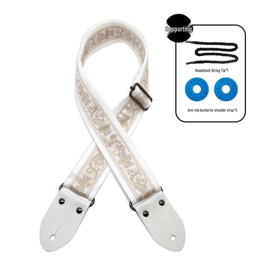 Рококо Вышитый Белый Коровьей Кожи Бас & Гитара Плечевой Ремень