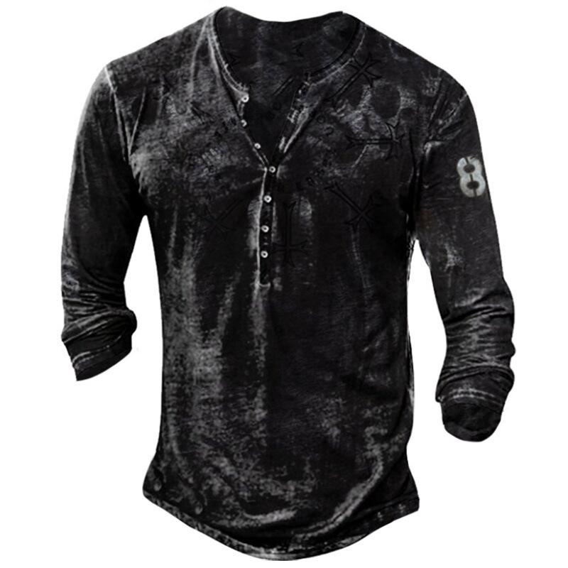 Мужская винтажная рубашка henley с длинным рукавом - Ретро-футболка с графическим принтом и пуговицами