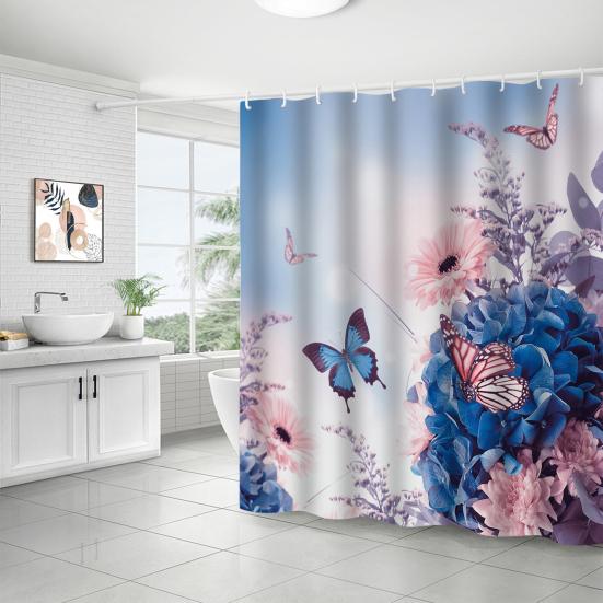 Floral Shower Curtain Spring Farmhouse Bathroom Curtain Waterproof Flowers Butterflies Leaves Bath Curtain with Hooks for Home Shower Bathtub
