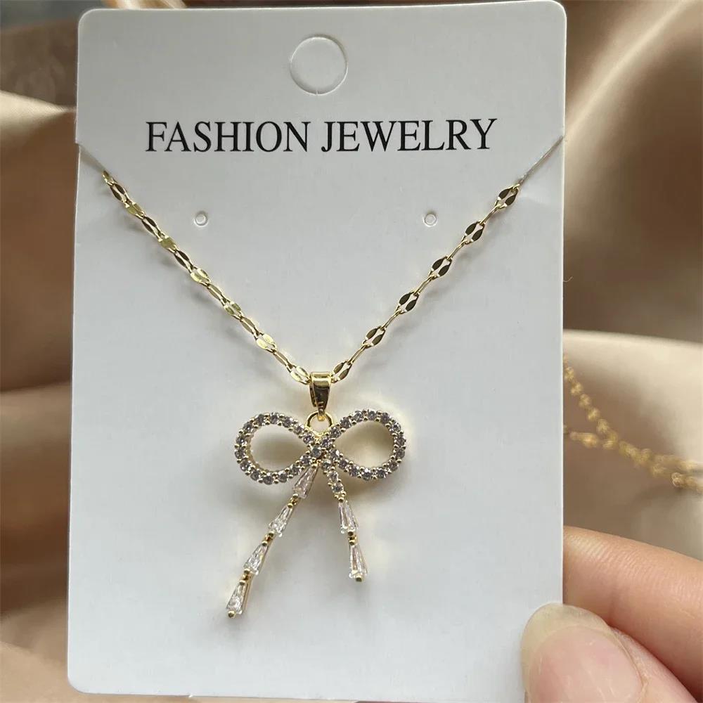 2024 New Arrival Gold Color Cute Bowknot Pendant Necklaces For Women Shiny AAA CZ Zircon Jewelry Gift