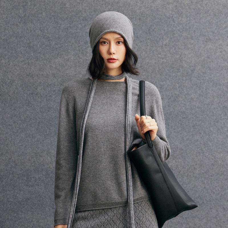 Women's Cashmere Rolled Edge Pullover - 2026 Autumn Round Neck Solid Color Knit Sweater
