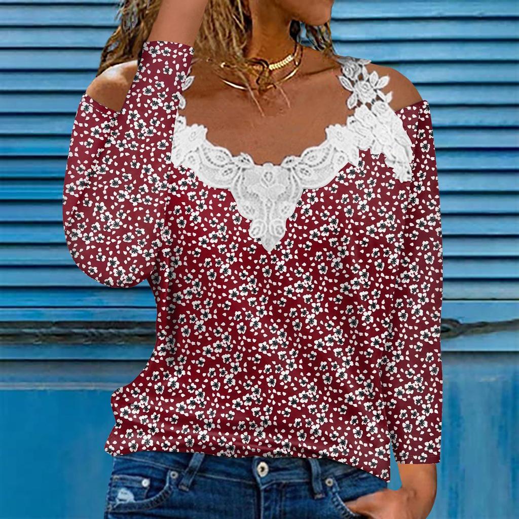 Модный кружевной пуловер с V-образным вырезом, длинный рукав, полосатый принт, однотонная повседневная футболка