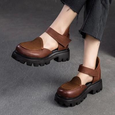 Сандалии в стиле ретро на толстой подошве, универсальная женская обувь для повседневного использования из натуральной кожи на липучке