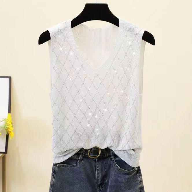 2023 Блестящий шелковый женский жилет без рукавов с V-образным вырезом - Новый стиль весна/лето, свободный крой с вязаным дизайном на бретелях с горячими бриллиантами