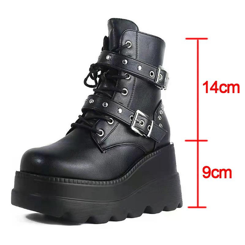 Fashion Autumn Winter Women's PU Leather Ankle Boots Punk Style Motorcycle Platform Boots Women Thick Bottom Black Gothic Lolita Shoes