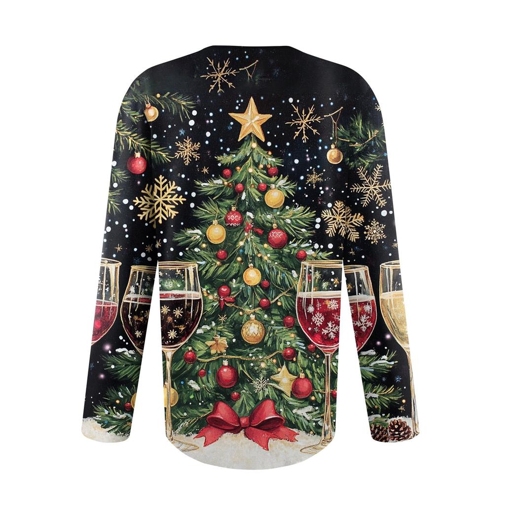 Женская мода Рождественские принтованные платья Осенние повседневные топы Длинные рукава рубашки Свободные пуловеры