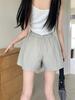 Summer 2024 Women's Gray High-Waisted Wide-Leg Casual Shorts with Double Pockets and Drawstring