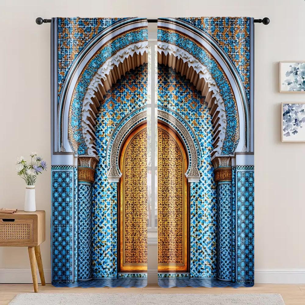 2pc, Curtain Ancient Morocco Palace Door Print Durable Polyester,Without Electricity Versatile Suitable for Multipurpose Event
