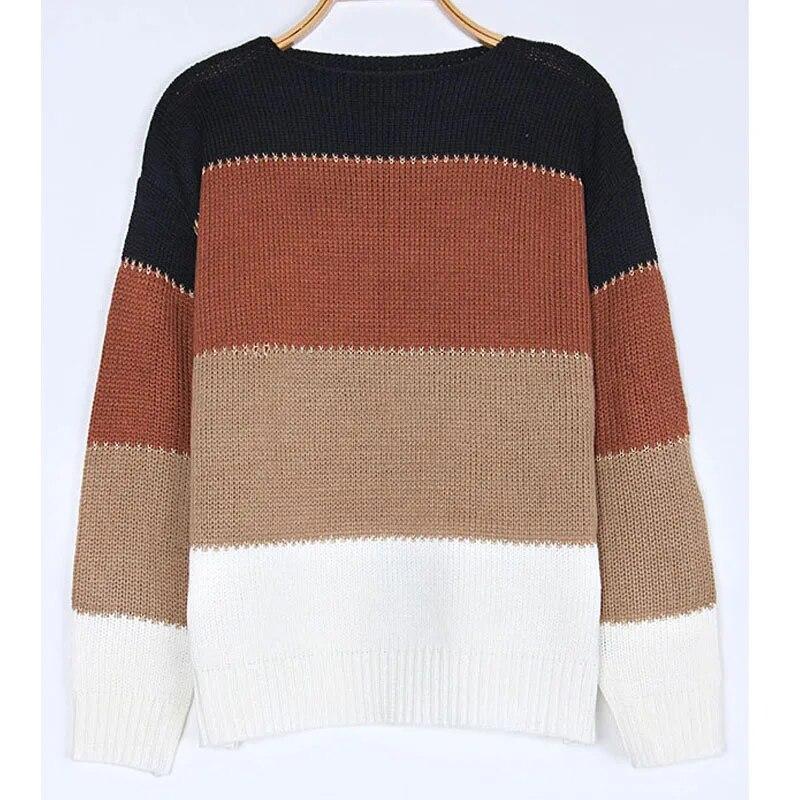 Модный теплый вязаный женский пуловер с длинными рукавами, топы, повседневный контрастный полосатый свитер с круглым вырезом, женская зимняя одежда 30460