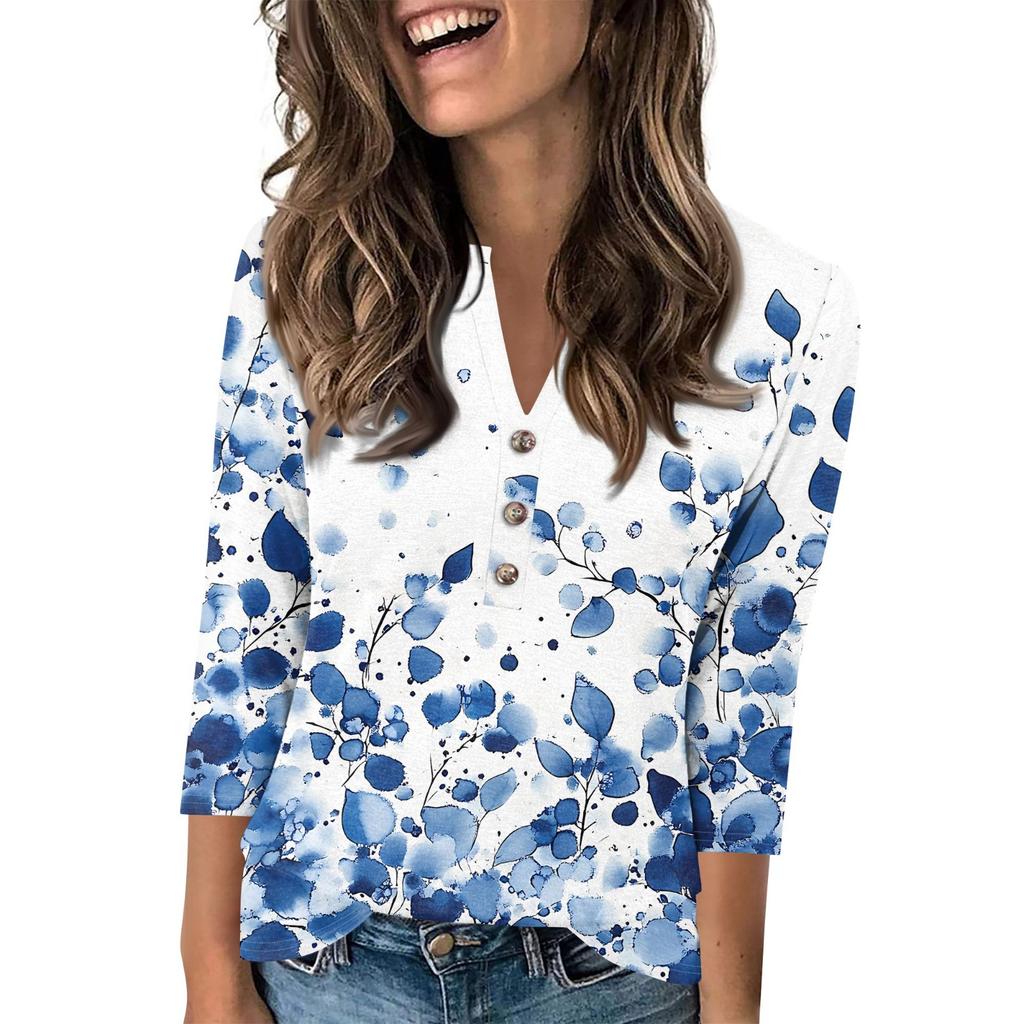 Женский модный повседневный пуловер с рукавом 3/4, принтом на пуговицах и V-образным вырезом