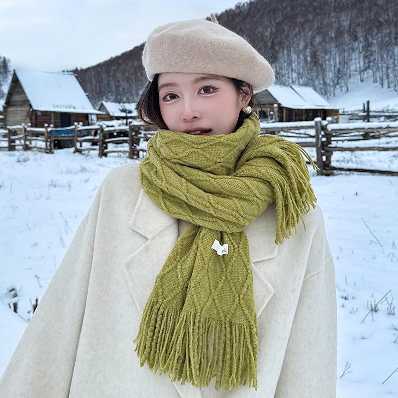 Plaid Imitation Cashmere Scarf Women's Winter New High-end Versatile Shawl Student Warm Scarf White