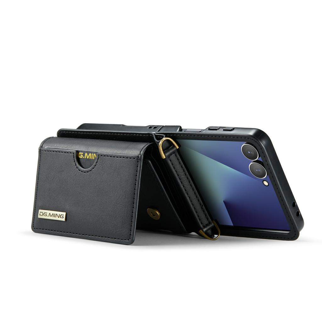 DG.MING M6 Series For Samsung Galaxy Z Flip7 5G Foldable Case PU+PC Phone Cover with Wallet/Shoulder Strap