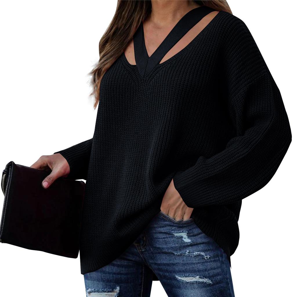 Женский модный свободный свитер с V-образным вырезом и длинным рукавом, однотонный повседневный свитер