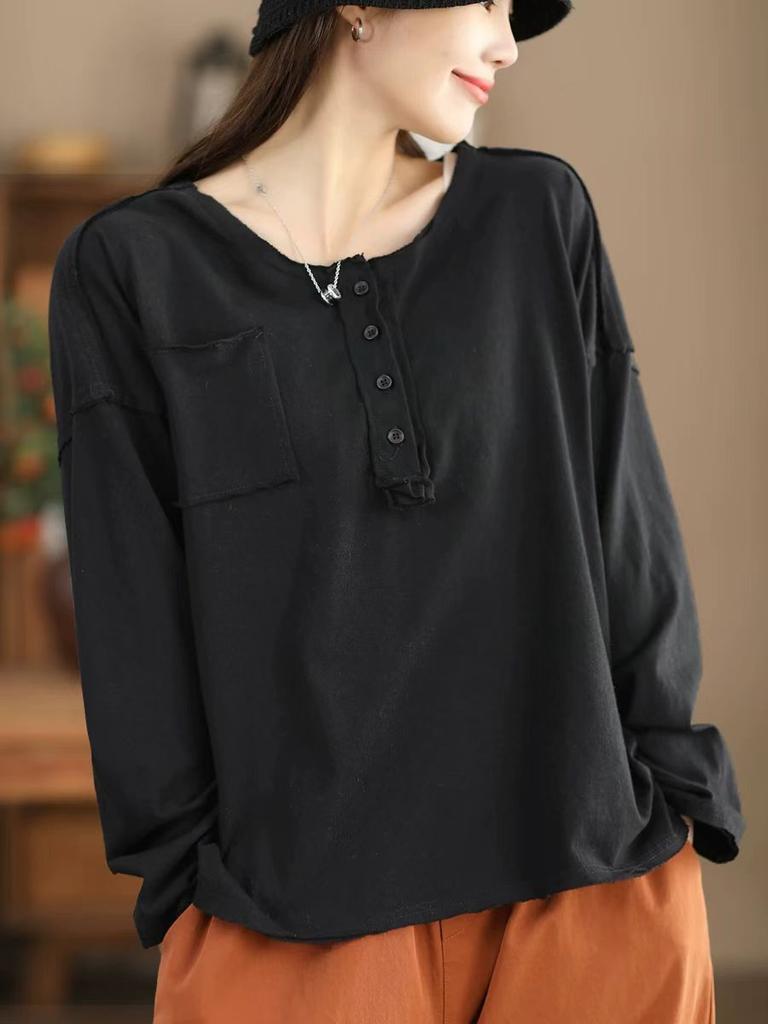 Johnature Fashion Personality Splicing Casual T-Shirt Woman Autumn Casual O-Neck Solid Color Loose T-Shirt