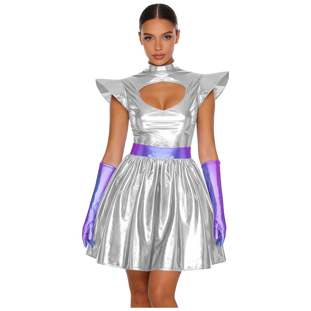 S-3XL Женский костюм для косплея инопланетянки, Металлическое блестящее платье, Вырез на шее и структурированные наплечники с перчатками для вечеринки в космической тематике
