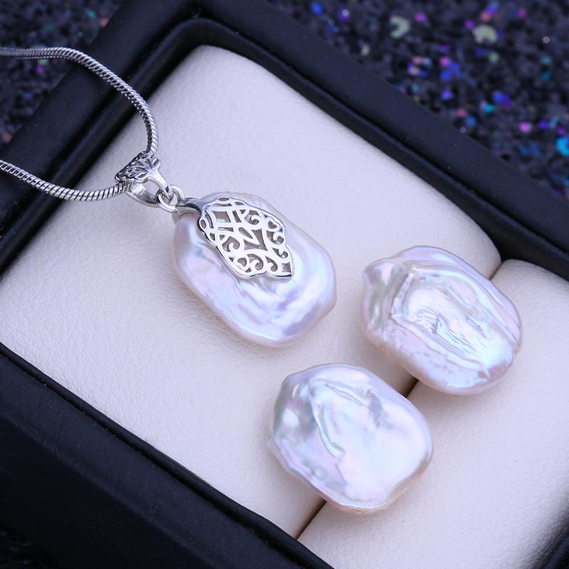 LSOOYH Natural Freshwater Big Baroque Pearl Necklace Square Pendant Fashion Stud Earrings For Women Pearl Jewelry Sets