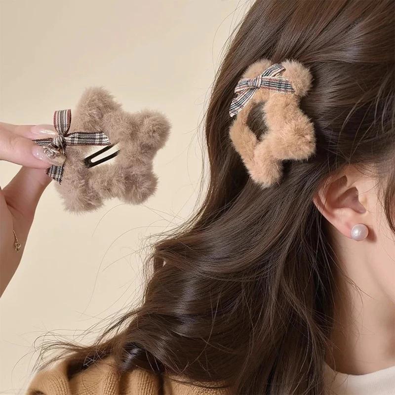 1/4PCS Winter Plush Y2K Star BB Hair Clips for Women Hairpins Cute Fluffy Side Bangs Clips Fashion Headdress Hair Accessories