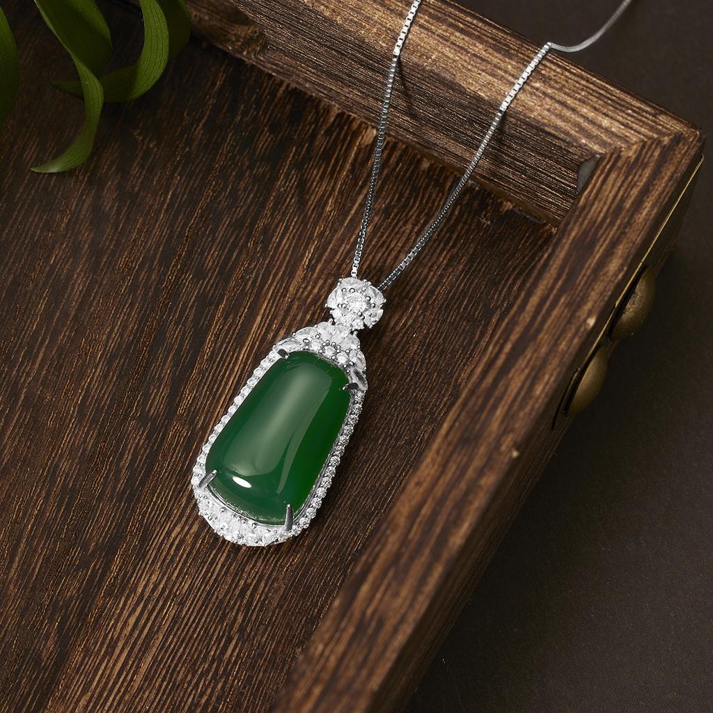 Серебряная подвеска-плакетка S925 с инкрустацией натуральным халцедоном «Пин Ань», Роскошная цепочка на ключицу в национальном стиле с нефритовым кулоном для женщин
