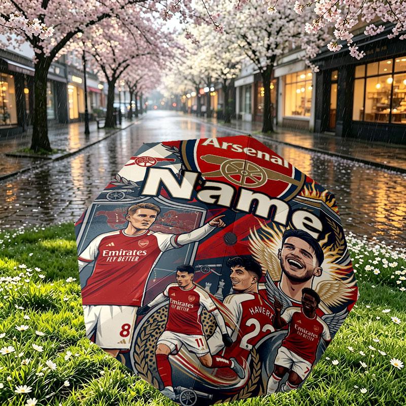 Custom Name Personalized Arsenal F.C Print Umbrella, Auto Open Close, 8‑Rib Sturdy Frame, Commute Camping Hiking Use, Birthday Gift