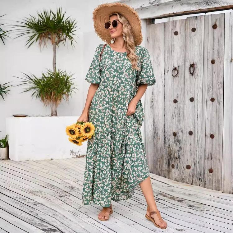 Women Summer Casual Floral Print O Neck Dress High Waist Loose Large Size Ankle Length Middle Long Sleeve Spring Dress