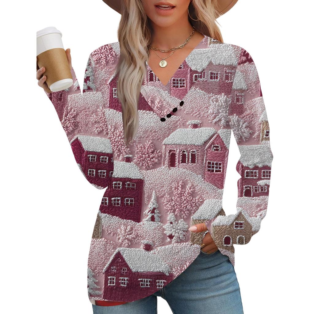 Women's Fashion Casual V-neck Pleated Christmas Long Sleeve Top