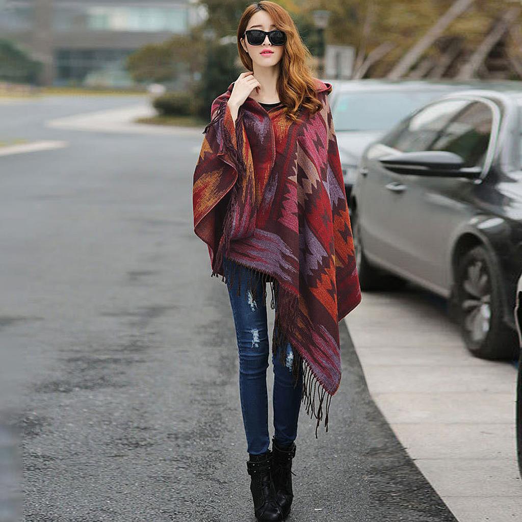 Vintage Women Autumn Hooded Cloak Geometric Buckle Tassel Warm Bohemian Casual Poncho