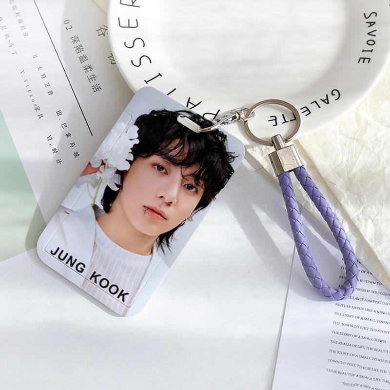 BTS Sliding Photocard Holder, Protective ID Badge Card Case with Braided Keychain Strap, Student Campus Bus Meal Card Protector Merch for ARMY