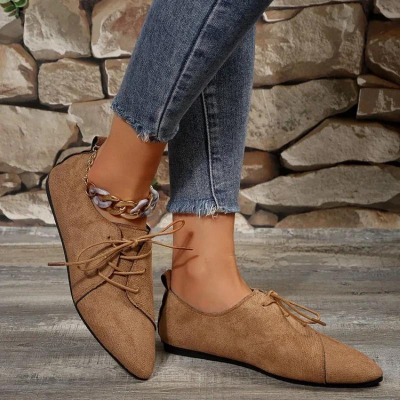 Fashion Women Retro Loafers Pointed Suede Flat Shoes Lace Up Ladies Casual Sneakers Woman Shallow Comfort Shoes Non Slip Walking Shoes