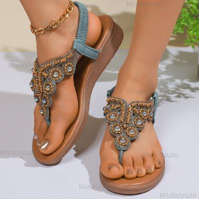 Лето 2025 Богемные женские сандалии Эластичная пряжка Ремешок с бусинами Обувь в римском стиле Удобная уличная обувь Сандалии-клинья для женщин