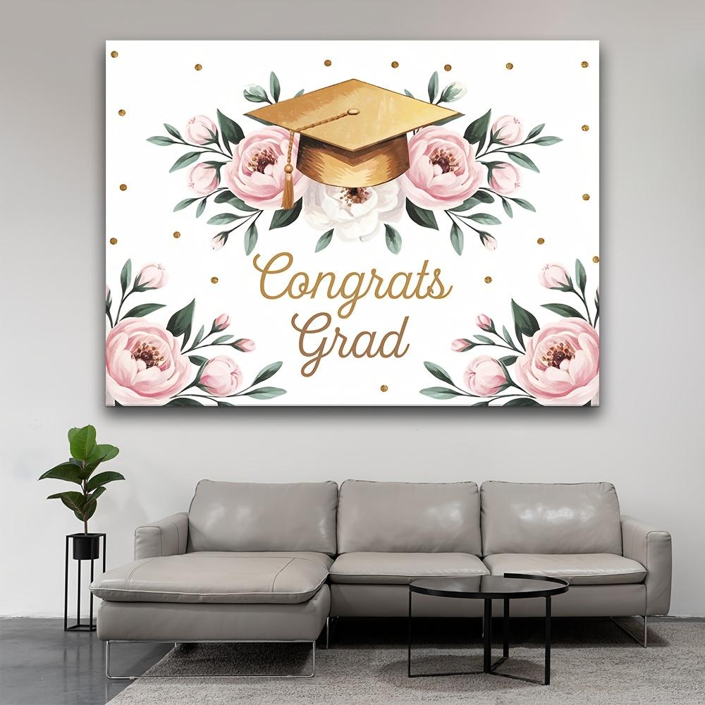 1 piece of polyester graduation flower background fabric, with pink flowers and green leaves - "Congratulations on Graduation"