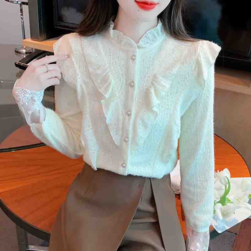 Мода 2024 Зима Длинный рукав Воротник-стойка Оборки Абрикосовый бархат Кружевная блузка Рубашка Женские топы Блузки Рубашки J790