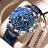 POEDAGAR Top Original Men Watch Chronograph Waterproof Luminous Leather Strap Male Wristwatches Quartz Business Watches For Men