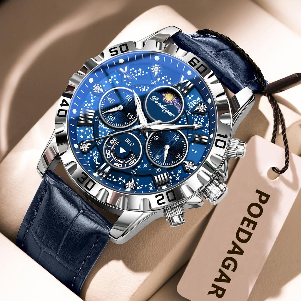 POEDAGAR Top Original Men Watch Chronograph Waterproof Luminous Leather Strap Male Wristwatches Quartz Business Watches For Men