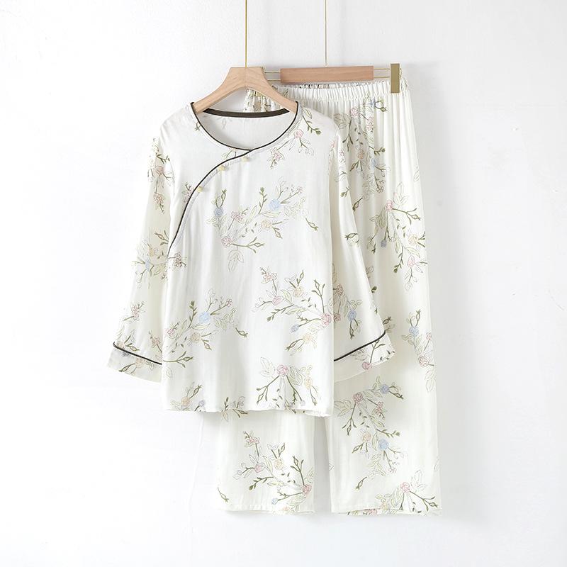 Женский повседневный пижамный комплект из бамбукового волокна - Милый весенне-летний стиль знаменитостей из Интернета с топом с длинными рукавами и брюками